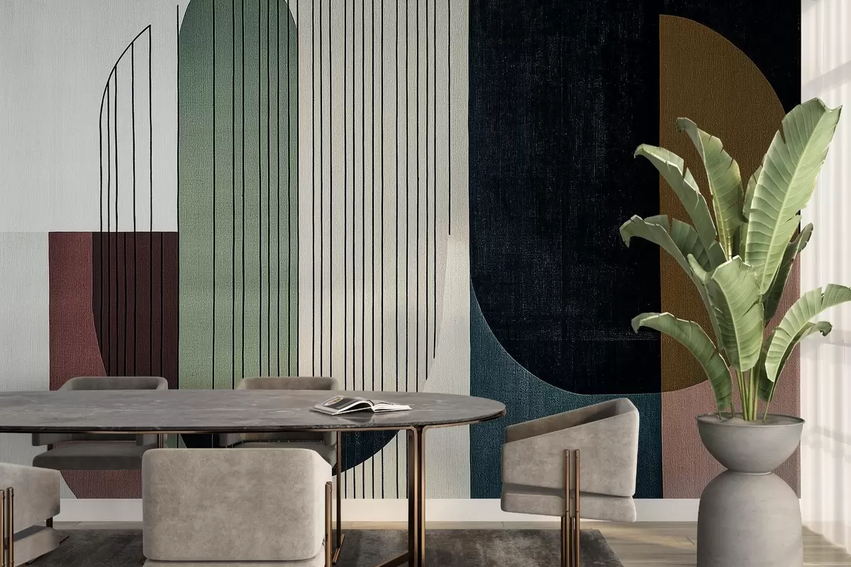 fototapet compoziție geometrică abstractă modernă cu forme suprapuse și modele de linii verticale, linii subțiri care umplu trapezoide și ovale, suprapunere de textură textilă moale, tonuri calde, cum ar fi verde măslin, taupe, bej și cărbune, efecte subtile de transparență între forme w03937