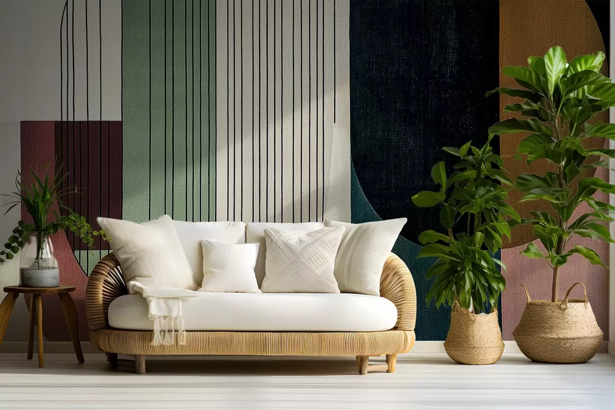 fototapet compoziție geometrică abstractă modernă cu forme suprapuse și modele de linii verticale, linii subțiri care umplu trapezoide și ovale, suprapunere de textură textilă moale, tonuri calde, cum ar fi verde măslin, taupe, bej și cărbune, efecte subtile de transparență între forme w03937v3