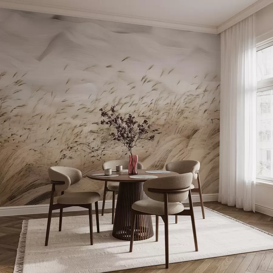 fototapet câmpuri abstracte de iarbă suflate de vânt în tonuri de bej și piatră, linii de schiță cu cerneală cu fundal de hârtie texturată, calm rural nordic w03941