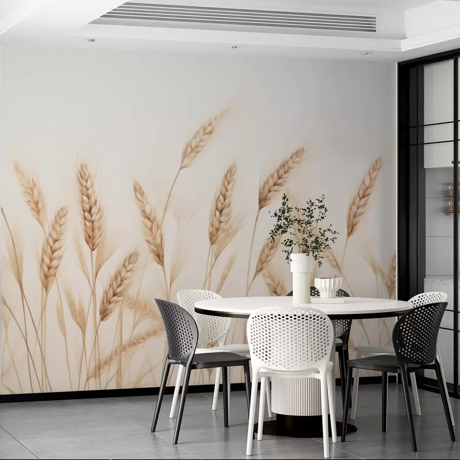 fototapet ilustrație botanică delicată a tulpinilor de grâu, stil desenat manual, linii fine cu textură de cretă pastel, tonuri moi de sepia și maro pământesc, fundal alb, compoziție elegantă simetrică, estetică schiță naturală w03943