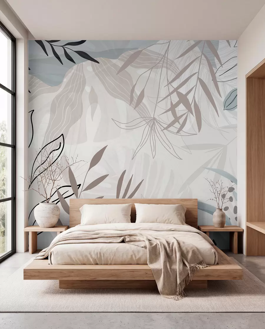 fototapet Design abstract floral modern cu frunze pastel bej, gri, albastru și negru, artă delicată de linii și fundal moale  w09105