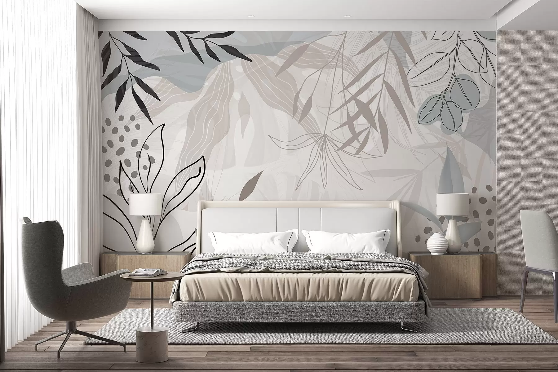 fototapet Design abstract floral modern cu frunze pastel bej, gri, albastru și negru, artă delicată de linii și fundal moale  w09105