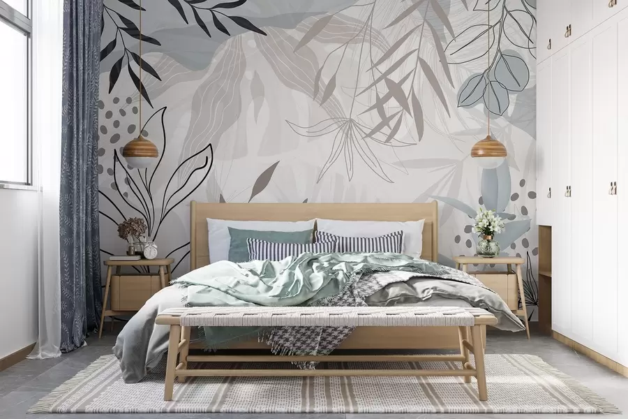 fototapet Design abstract floral modern cu frunze pastel bej, gri, albastru și negru, artă delicată de linii și fundal moale  w09105