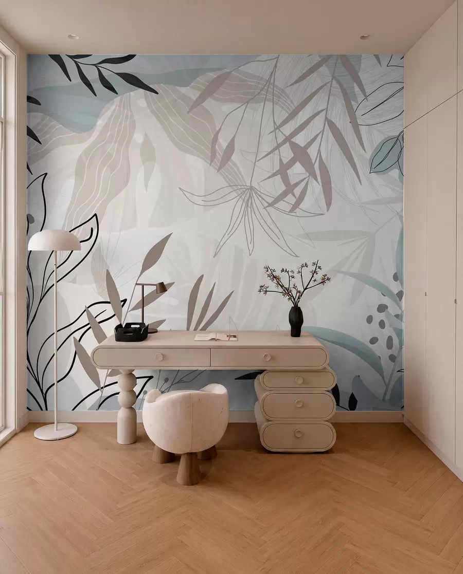fototapet Design abstract floral modern cu frunze pastel bej, gri, albastru și negru, artă delicată de linii și fundal moale  w09105