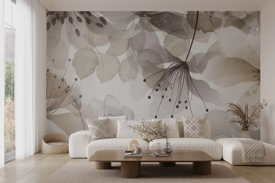 fototapet Flori și frunze în culori bej, petale și frunze translucide, efect de acuarelă moale, linii delicate, fundal alb w09107v1