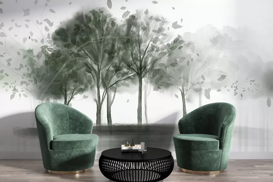 fototapet Peisaj abstract cu copaci cu frunze verzi care se reflectă în apă, în acuarelă stil texturat w09109