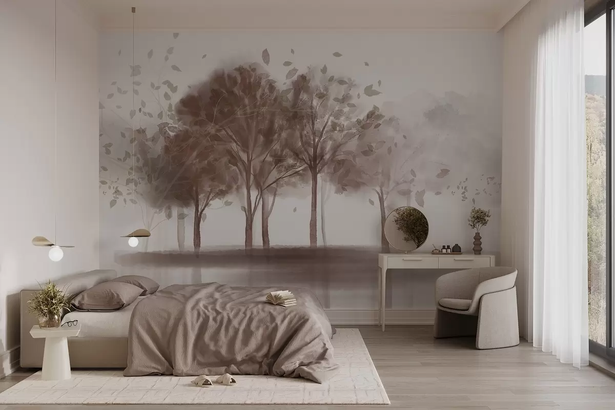 fototapet Peisaj abstract cu copaci cu frunze maro care se reflectă în apă, în acuarelă stil texturat w09109v1