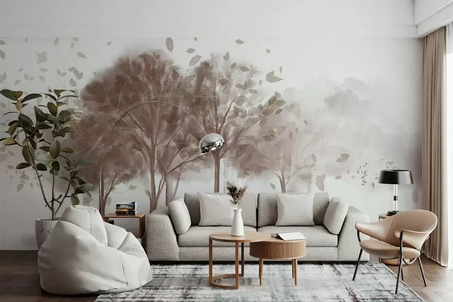 fototapet Peisaj abstract cu copaci cu frunze maro care se reflectă în apă, în acuarelă stil texturat w09109v1