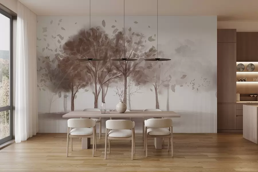 fototapet Peisaj abstract cu copaci cu frunze maro care se reflectă în apă, în acuarelă stil texturat w09109v1