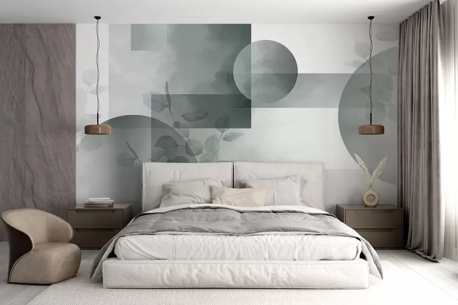 fototapet Design geometric abstract modern minimalist cu cercuri și dreptunghiuri, frunze de eucalipt, efect de acuarelă w09110