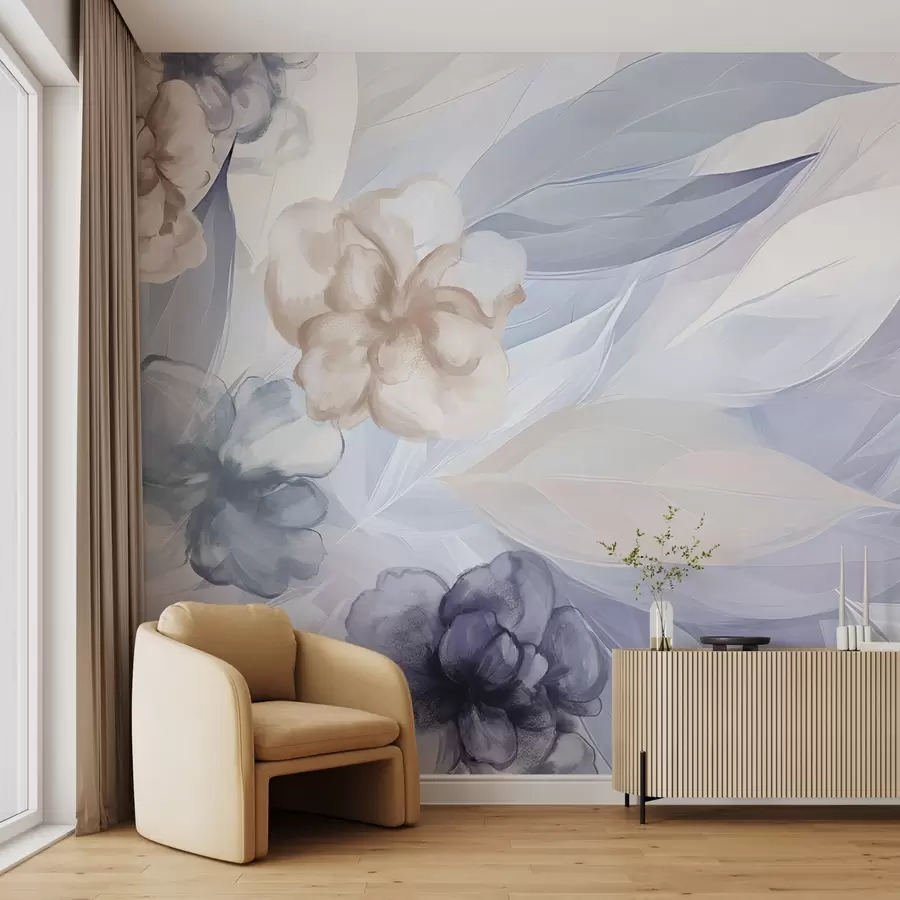 fototapet Delicate flori și frunze în nuanțe de alb, albastru, violet și bej fundal floral , culori moi, petale delicate w09111