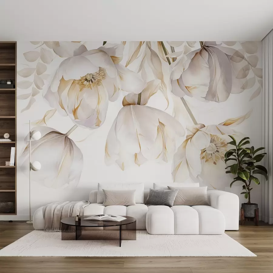 fototapet Lalele albe cu pistil galben, petale delicate, aranjament floral elegant, compoziție delicată, pe un fundal alb w09112