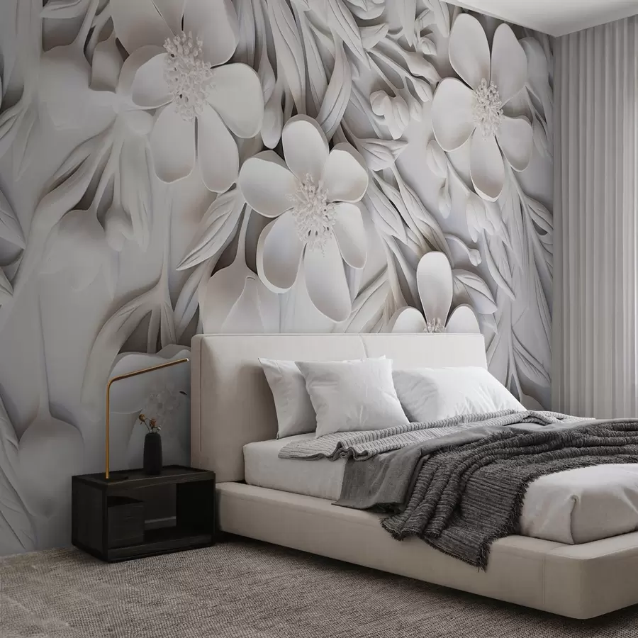 fototapet Flori albe și frunze pe un fundal alb, floral elegant, design decorativ, detalii complicate w09113