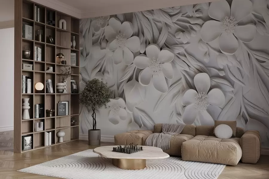 fototapet Flori albe și frunze pe un fundal alb, floral elegant, design decorativ, detalii complicate w09113