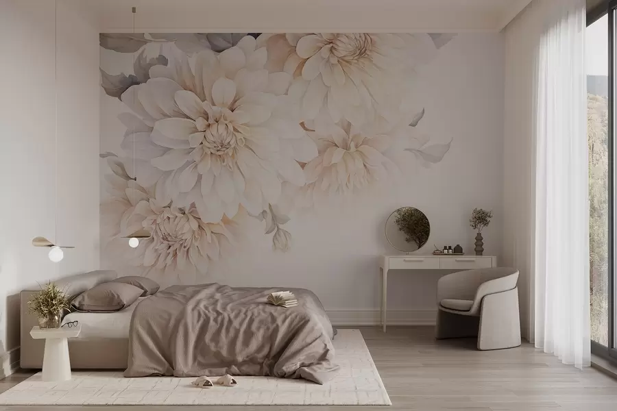 fototapet Dalii pastelate cu petale moi, delicate de piersică și lumină albă în stil acuarelă, fundal moale w09115