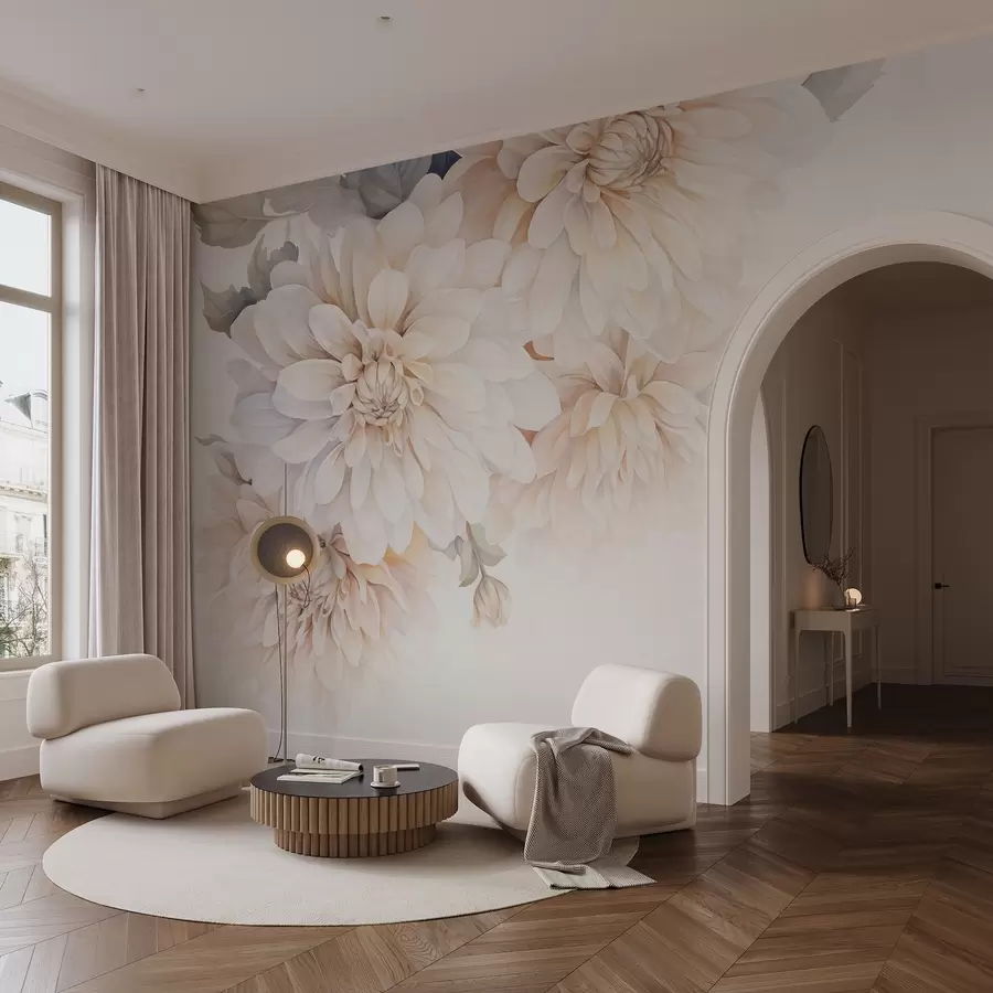 fototapet Dalii pastelate cu petale moi, delicate de piersică și lumină albă în stil acuarelă, fundal moale w09115