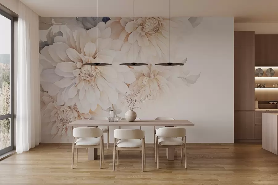 fototapet Dalii pastelate cu petale moi, delicate de piersică și lumină albă în stil acuarelă, fundal moale w09115