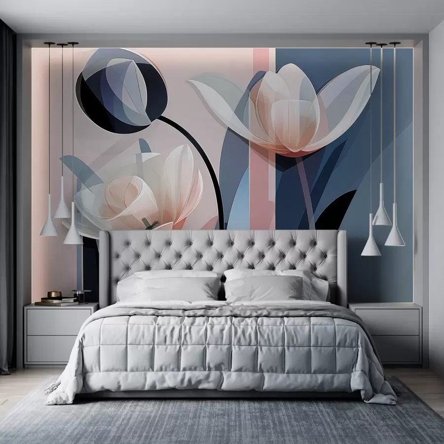 fototapet Design abstract modern cu lalele cu petale transparente în nuanțe pastelate de roz, alb și albastru închis w09116