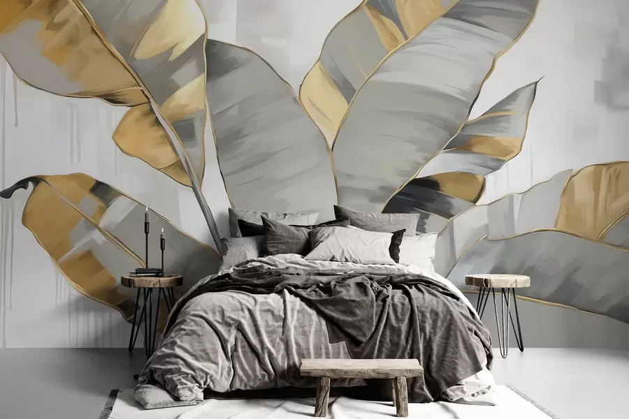 fototapet Banana tropicală frunze texturate cu tonuri gri și galben, stil modern, fundal neutru, pictură decorativă w09118