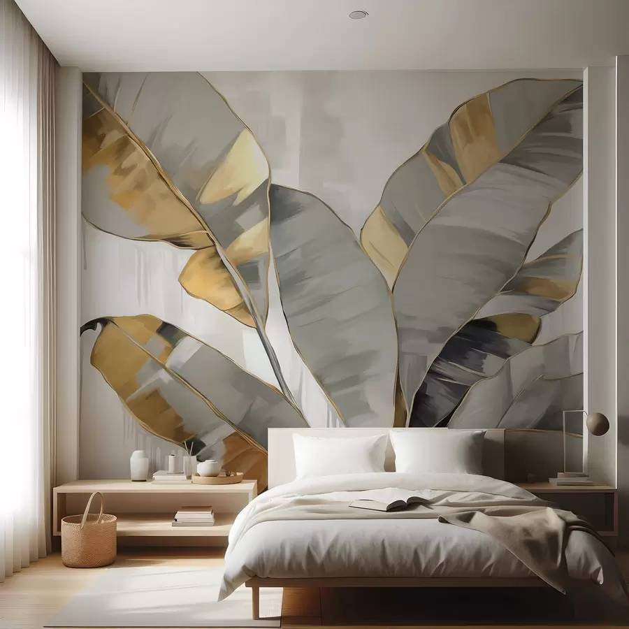 fototapet Banana tropicală frunze texturate cu tonuri gri și galben, stil modern, fundal neutru, pictură decorativă w09118