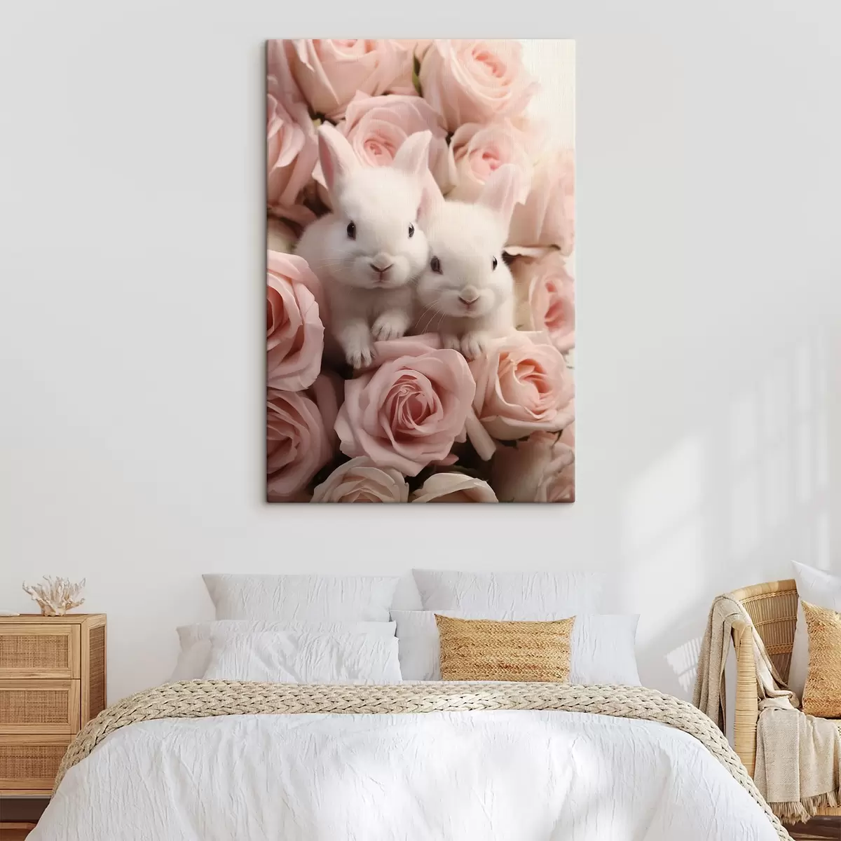 Tablouri Doi iepuri albi în flori delicate de trandafir s44380