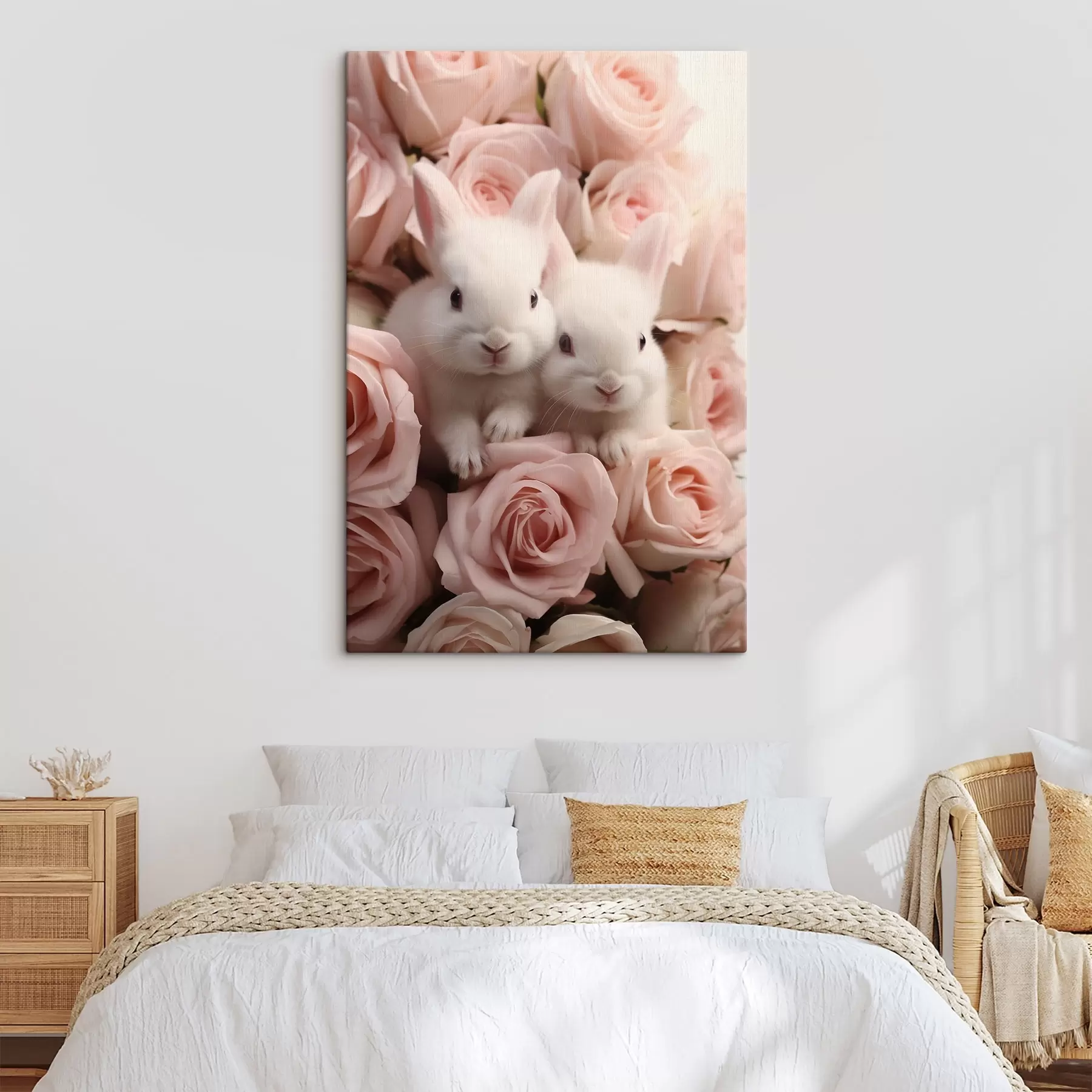 Tablouri Doi iepuri albi în flori delicate de trandafir s44380