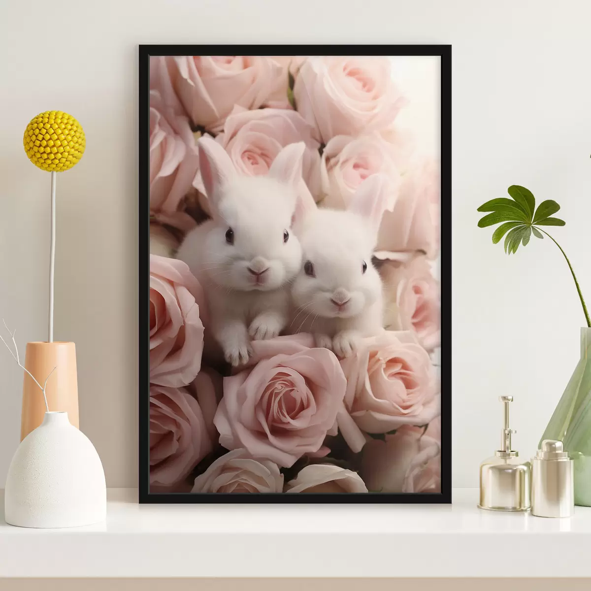 Poster Doi iepuri albi în flori delicate de trandafir f44380