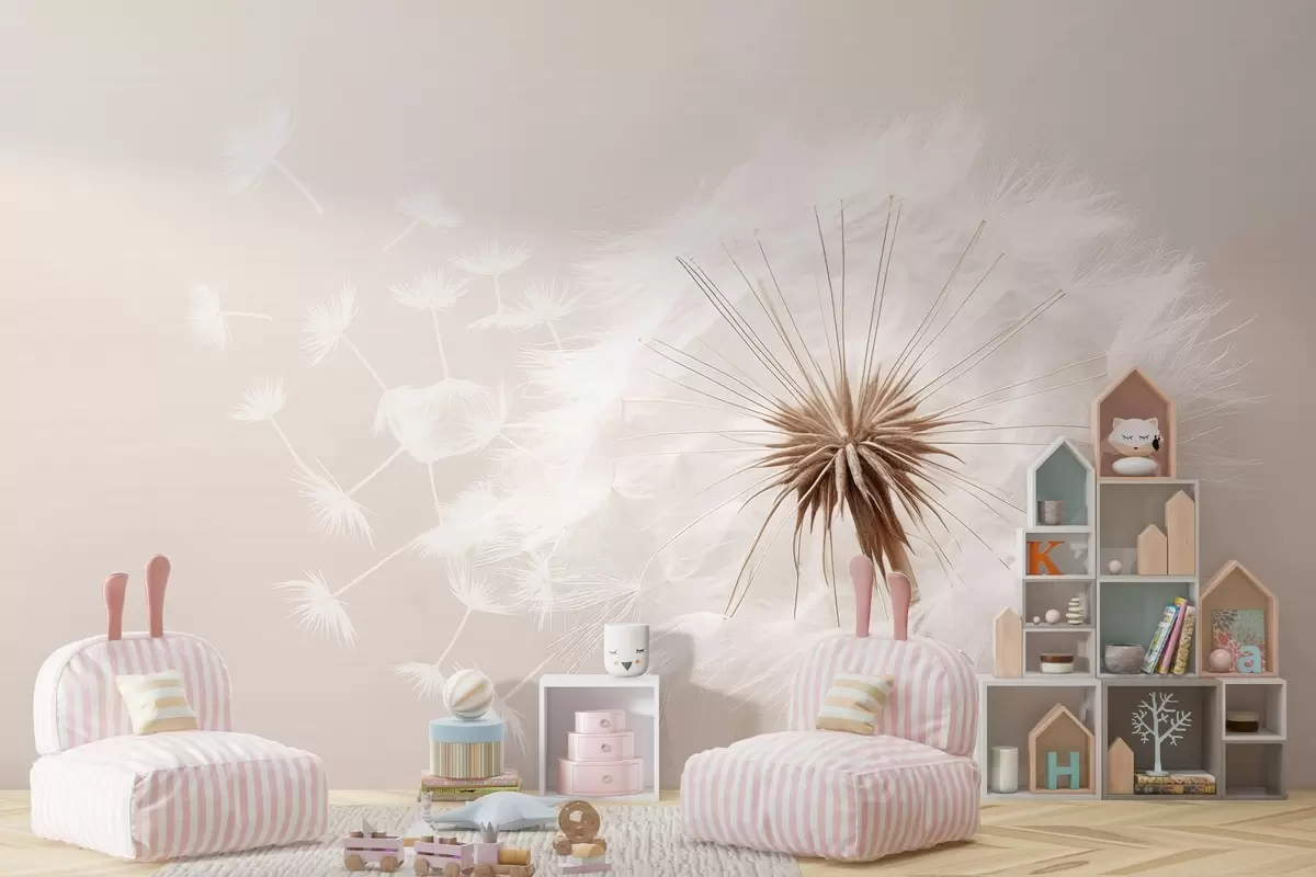 fototapet Compoziție florală modernă, moale, cu un cap de păpădie complet înflorit și semințe plutitoare, așezate pe o textură delicată de tip textil w03939