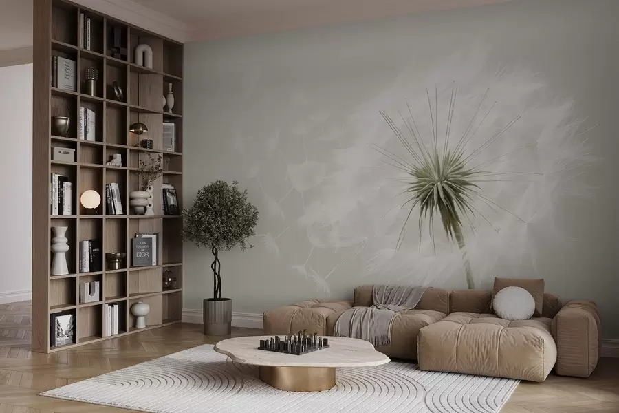 fototapet Compoziție florală modernă, moale, cu un cap de păpădie complet înflorit și semințe plutitoare, așezate pe o textură delicată de tip textil w03939v1