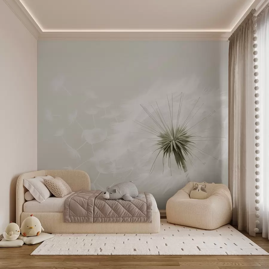 fototapet Compoziție florală modernă, moale, cu un cap de păpădie complet înflorit și semințe plutitoare, așezate pe o textură delicată de tip textil w03939v1