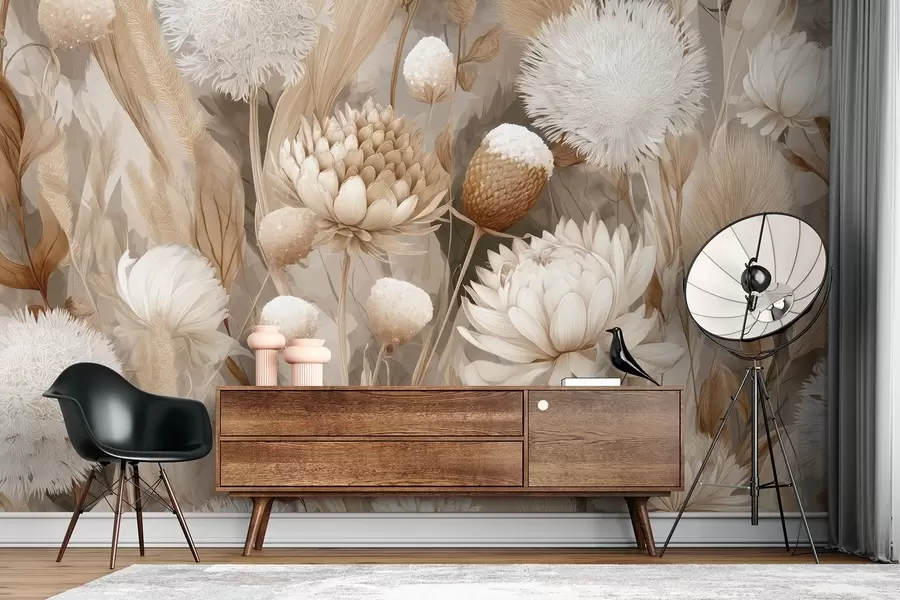 fototapet Boho Harmony: Flori texturate în tonuri de bej și crem w09121