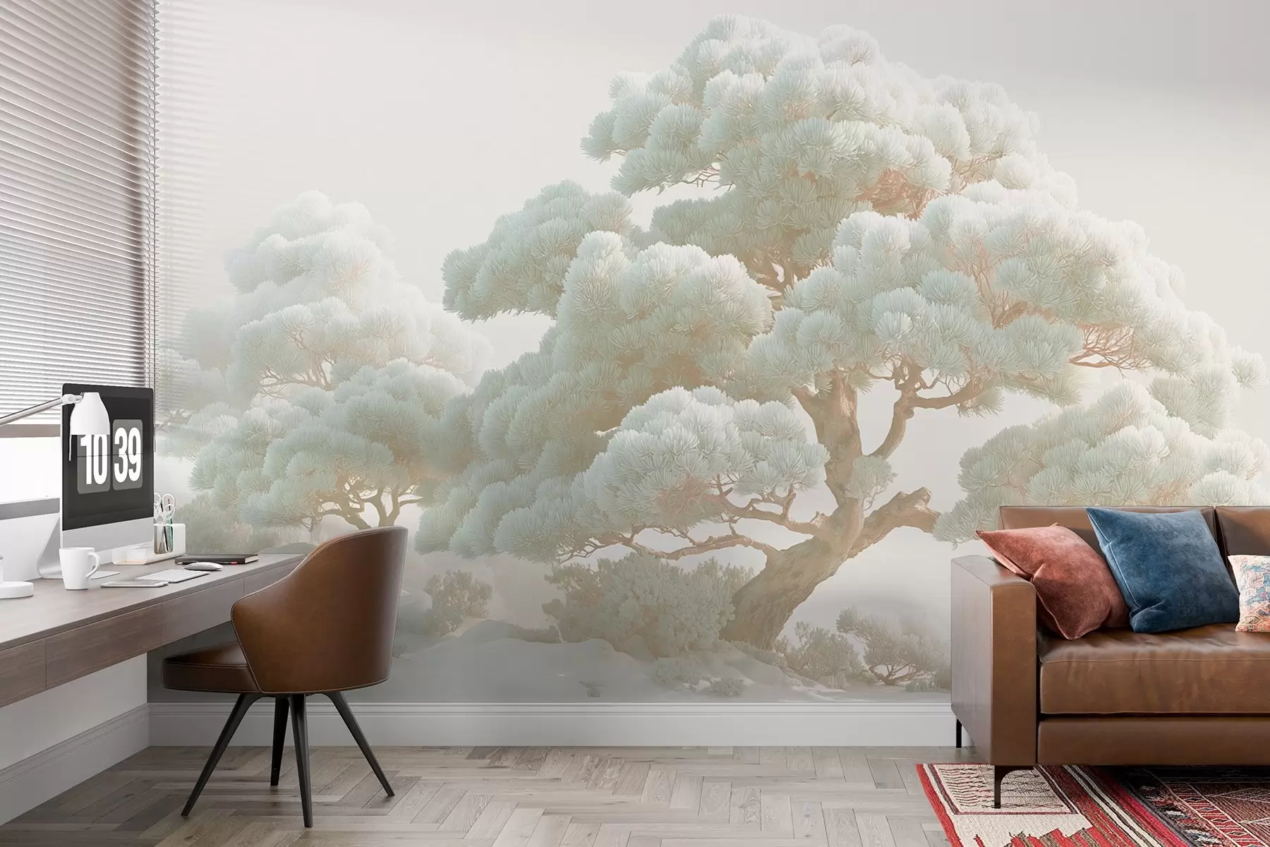 fototapet Arbori de pin în ceață în tonuri moi în picioare într-o pădure w09122