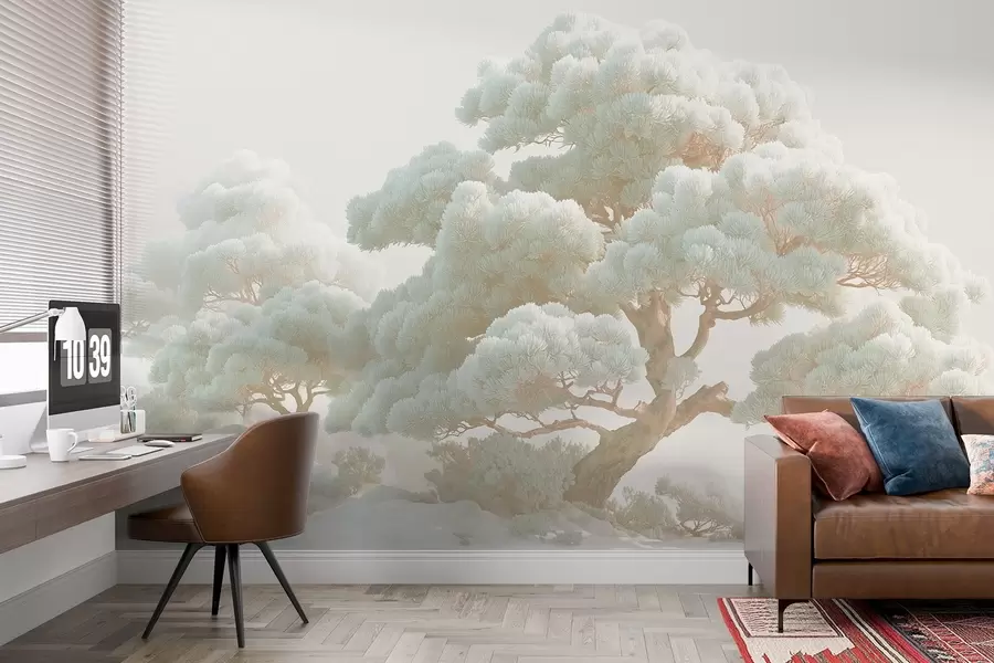 fototapet Arbori de pin în ceață în tonuri moi în picioare într-o pădure w09122