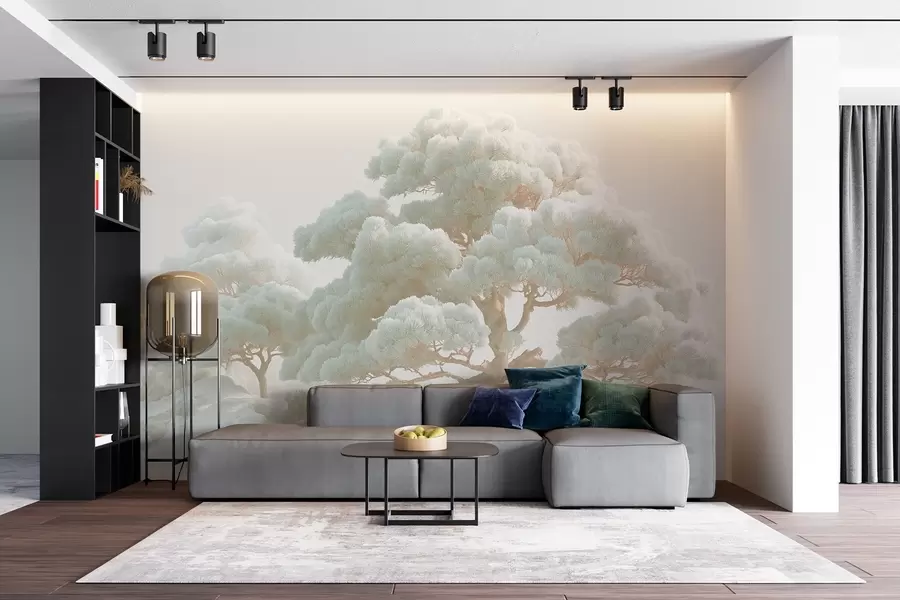 fototapet Arbori de pin în ceață în tonuri moi în picioare într-o pădure w09122