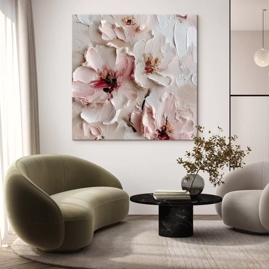 Tablouri Flori cu imitație în stil impasto cu tușe roz și albe s44333