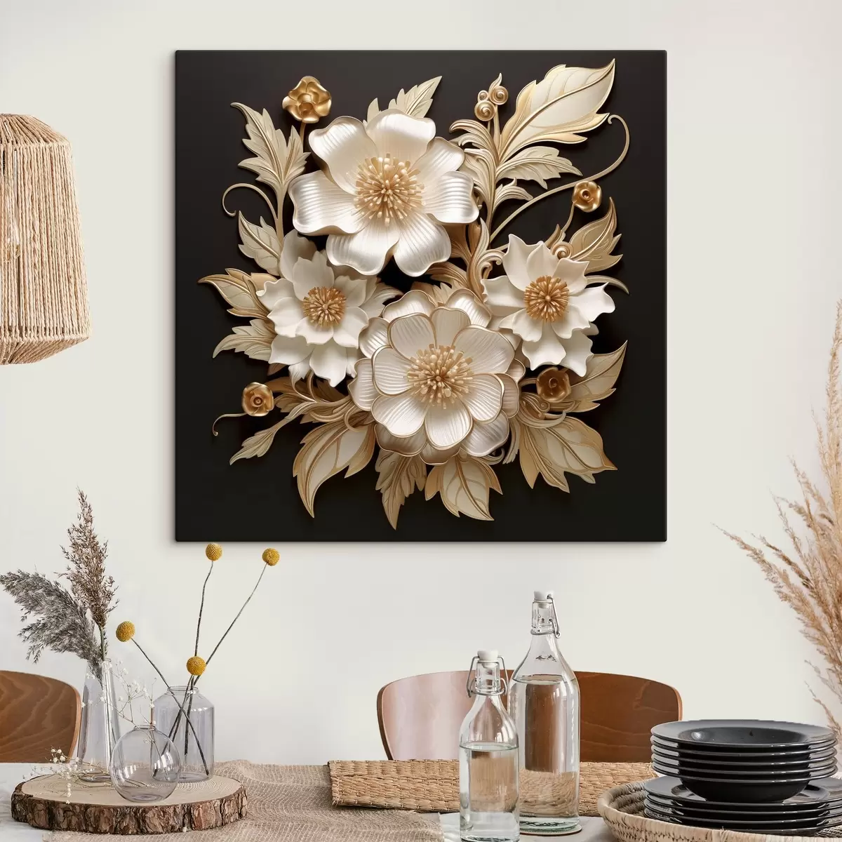 Tablouri Flori albe voluminoase pe un fundal negru s44340