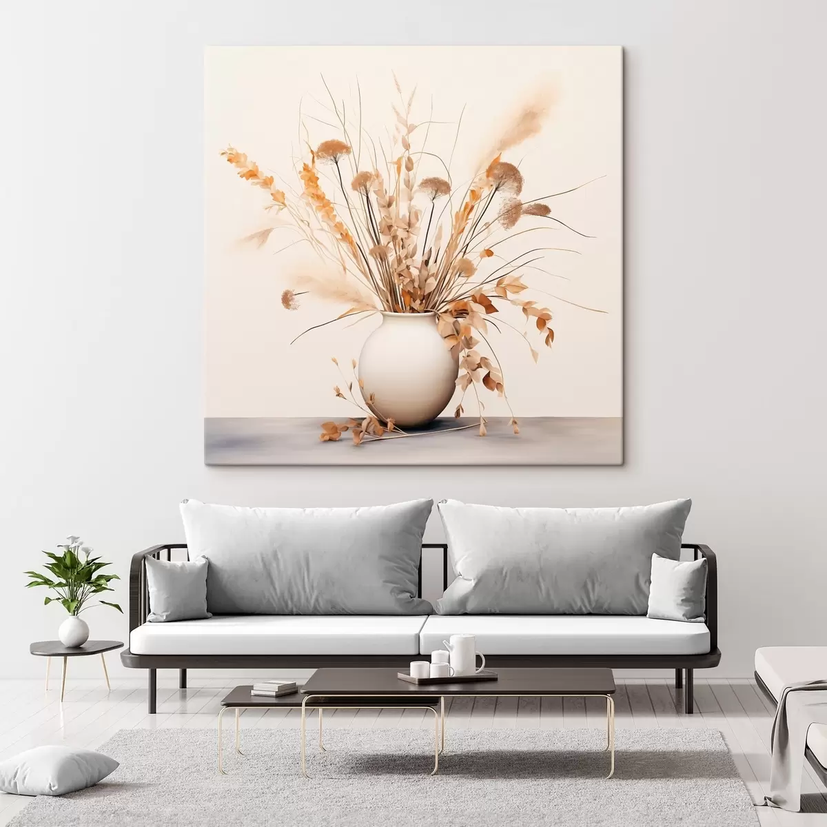 Tablouri Aranjament de ierburi și flori uscate într-o vază albă s44348