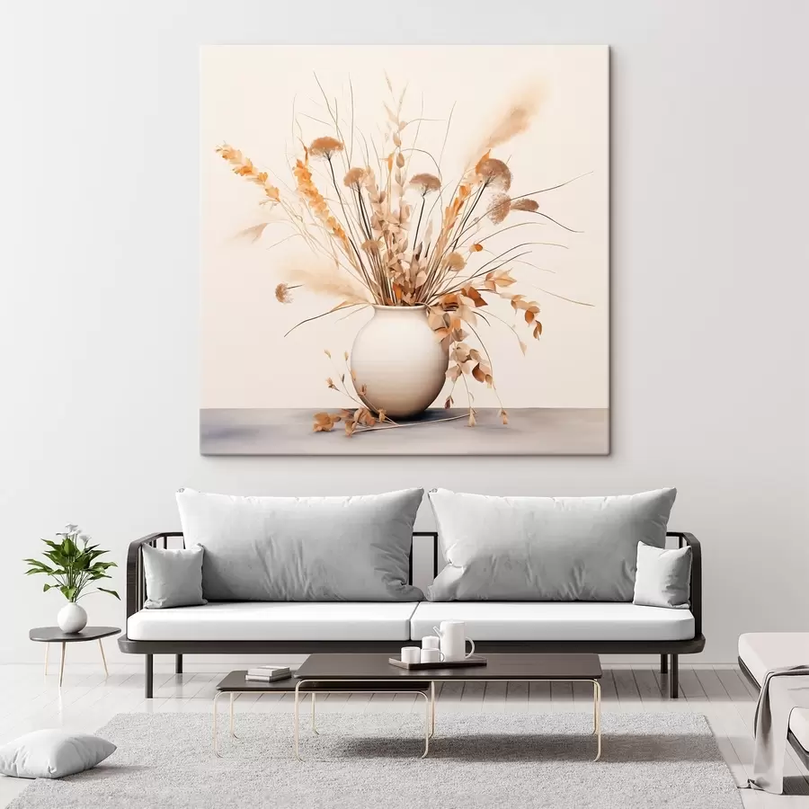 Tablouri Aranjament de ierburi și flori uscate într-o vază albă s44348