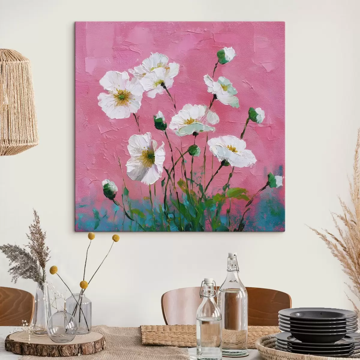 Tablouri Flori albe pe un fundal roz s44360