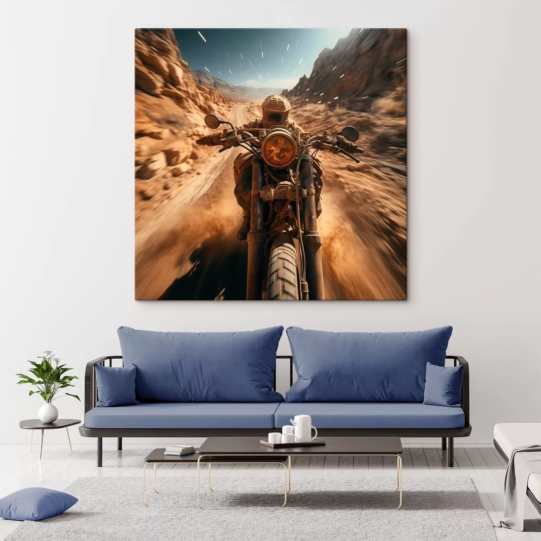 Tablouri Motociclist accelerând pe un drum din deșert s44361