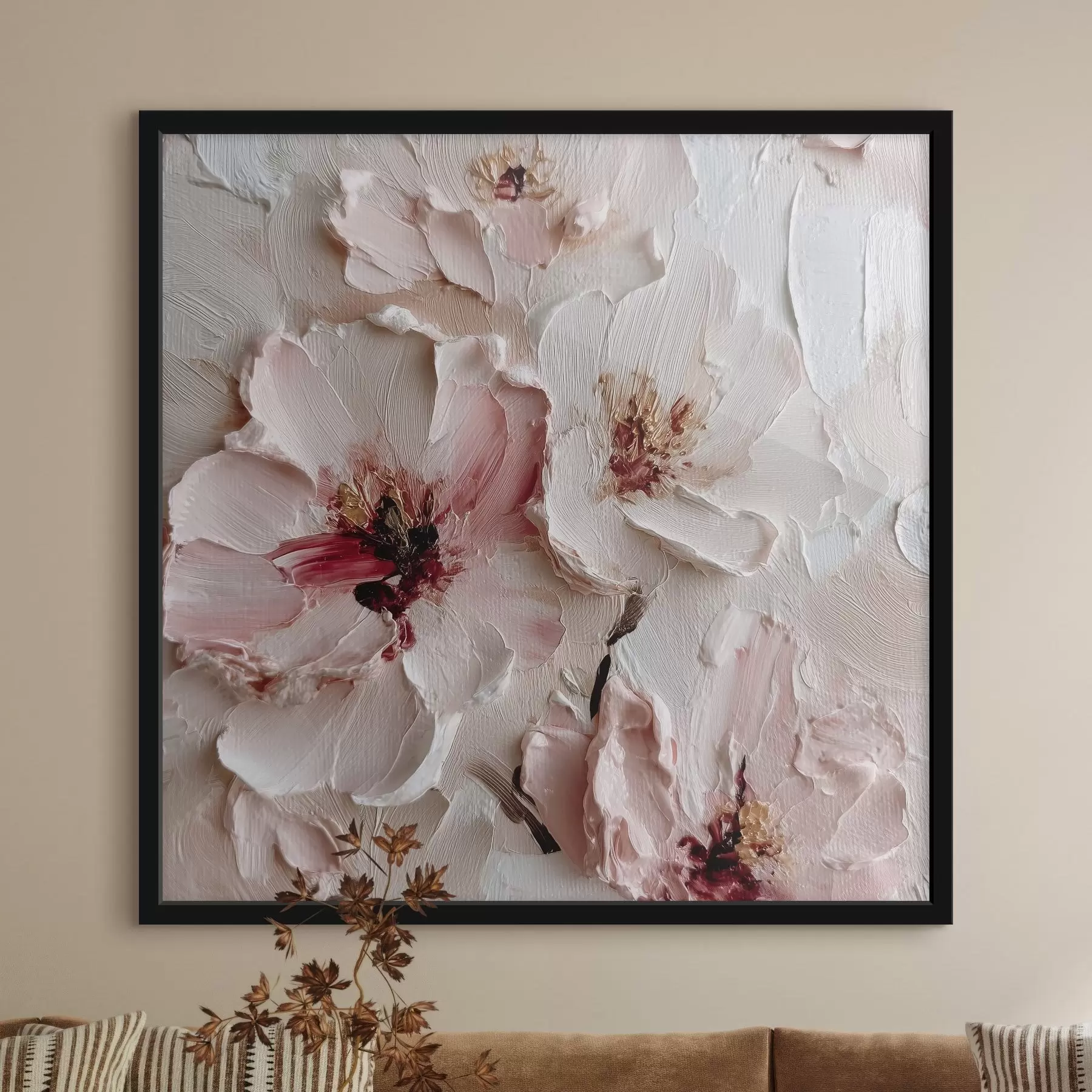 fototapet Flori cu imitație în stil impasto cu tușe roz și albe f44333
