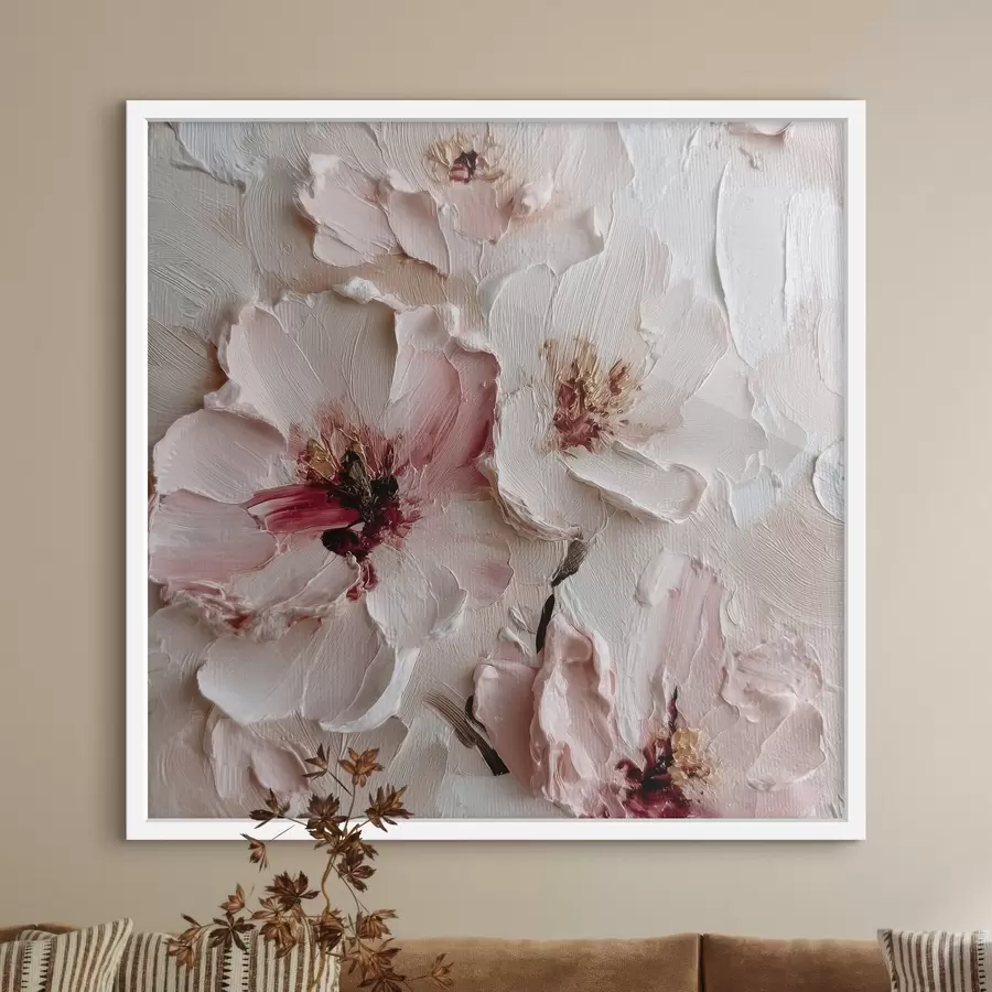 fototapet Flori cu imitație în stil impasto cu tușe roz și albe f44333