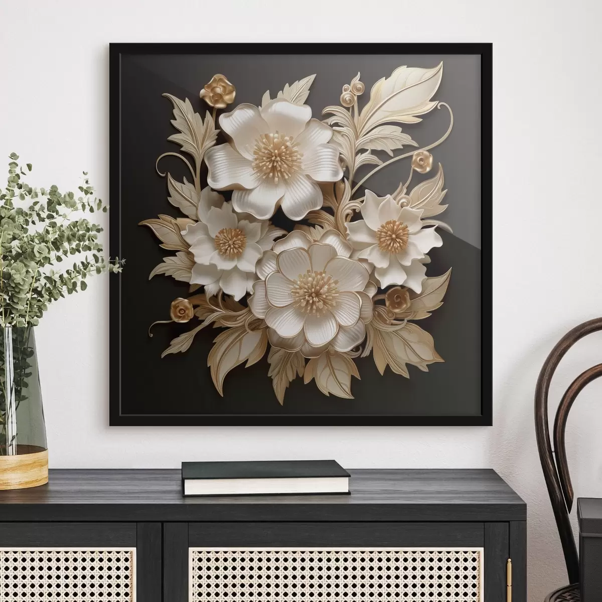 Poster Flori albe voluminoase pe un fundal negru f44340