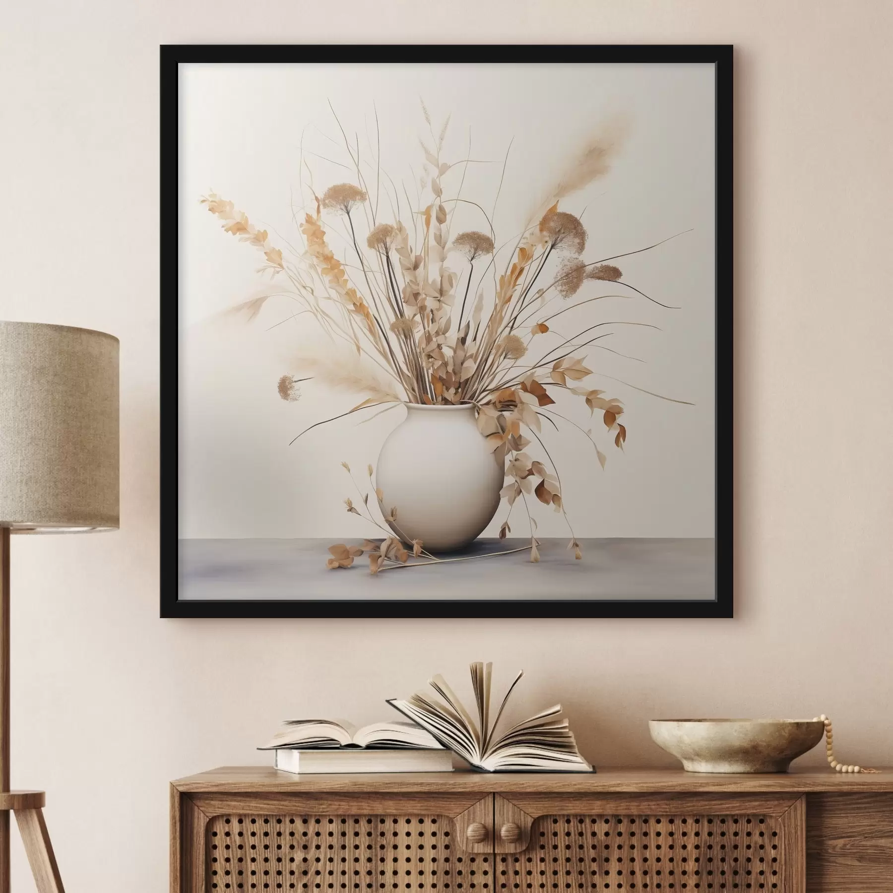 fototapet Aranjament de ierburi și flori uscate într-o vază albă f44348