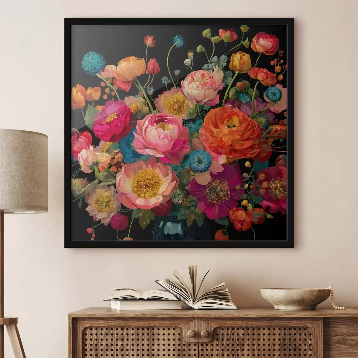 Poster Extravaganță florală pe un fundal negru f44352