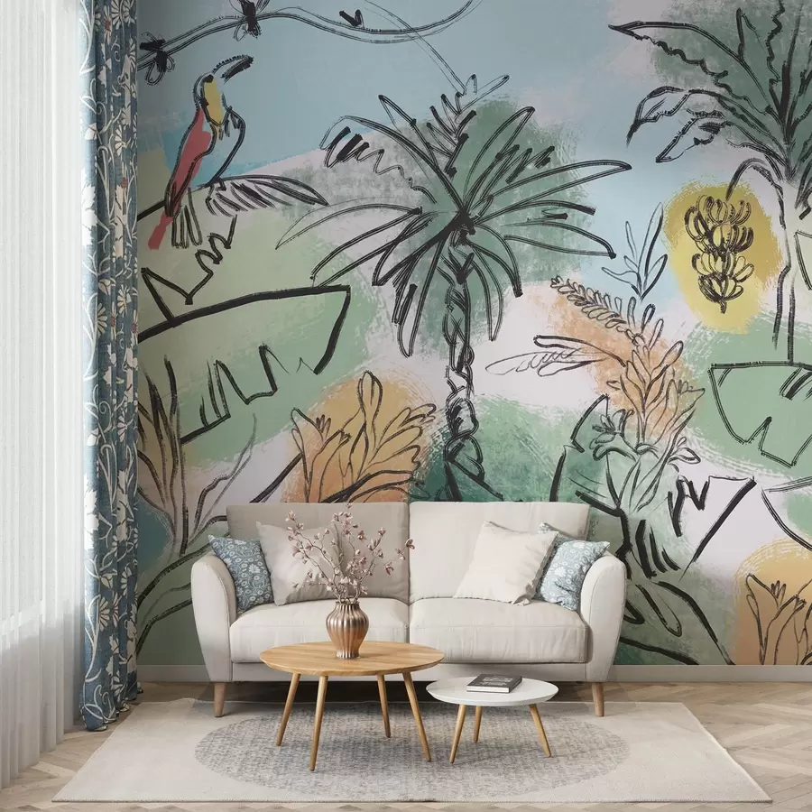 fototapet Imprimeu tropical cu papagali, culori bogate, tropice w04019