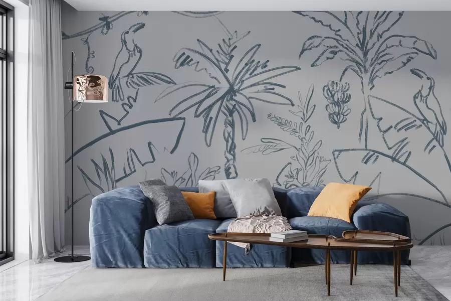 fototapet Model tropical în albastru, banane, palmieri w04020v1