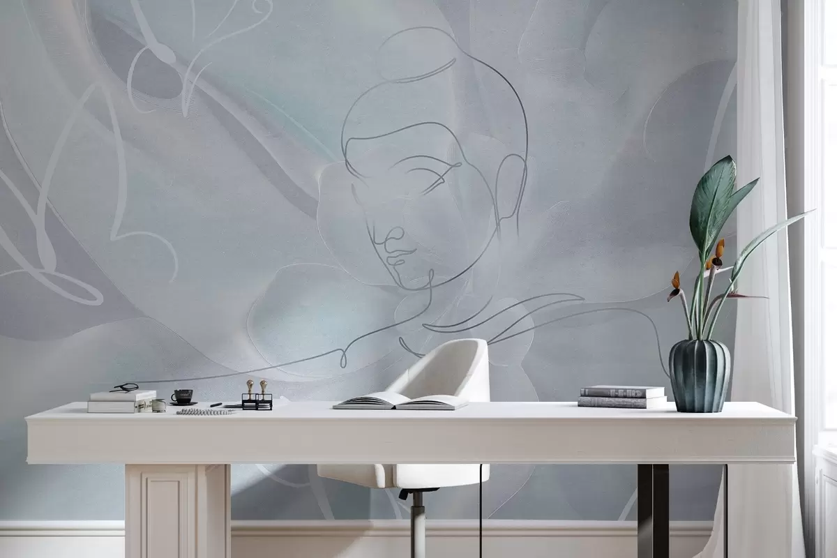 fototapet Abstracție florală cu desen de linie Buddha, culori albastre w04004v1