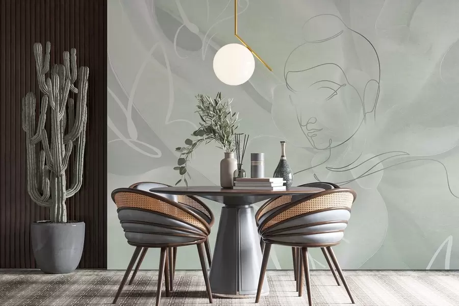 fototapet Floral abstracție cu Buddha linie de desen, culori verzi w04004v3