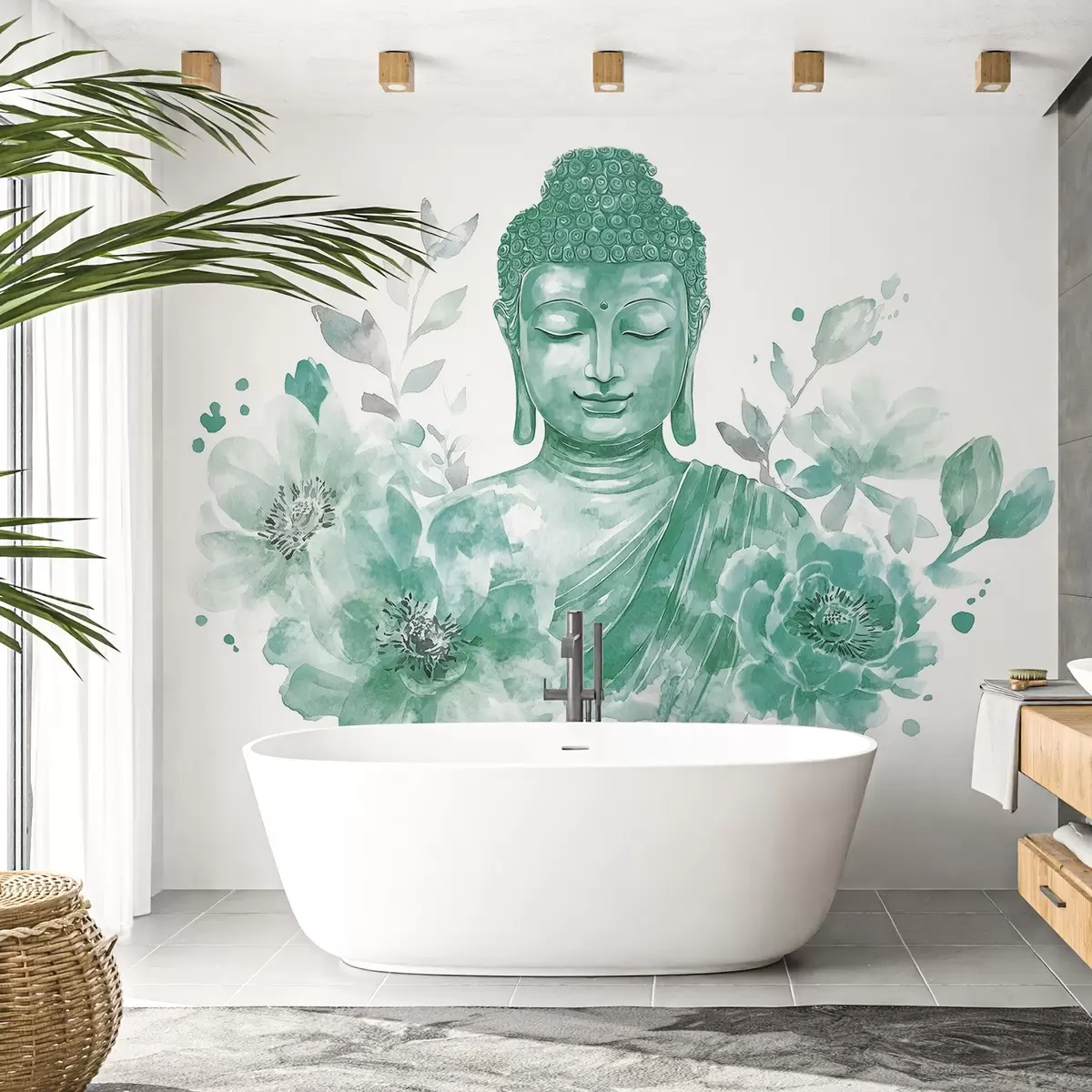 fototapet Acuarelă Buddha cu flori, spiritual, paletă de culori verzi  w04005v3